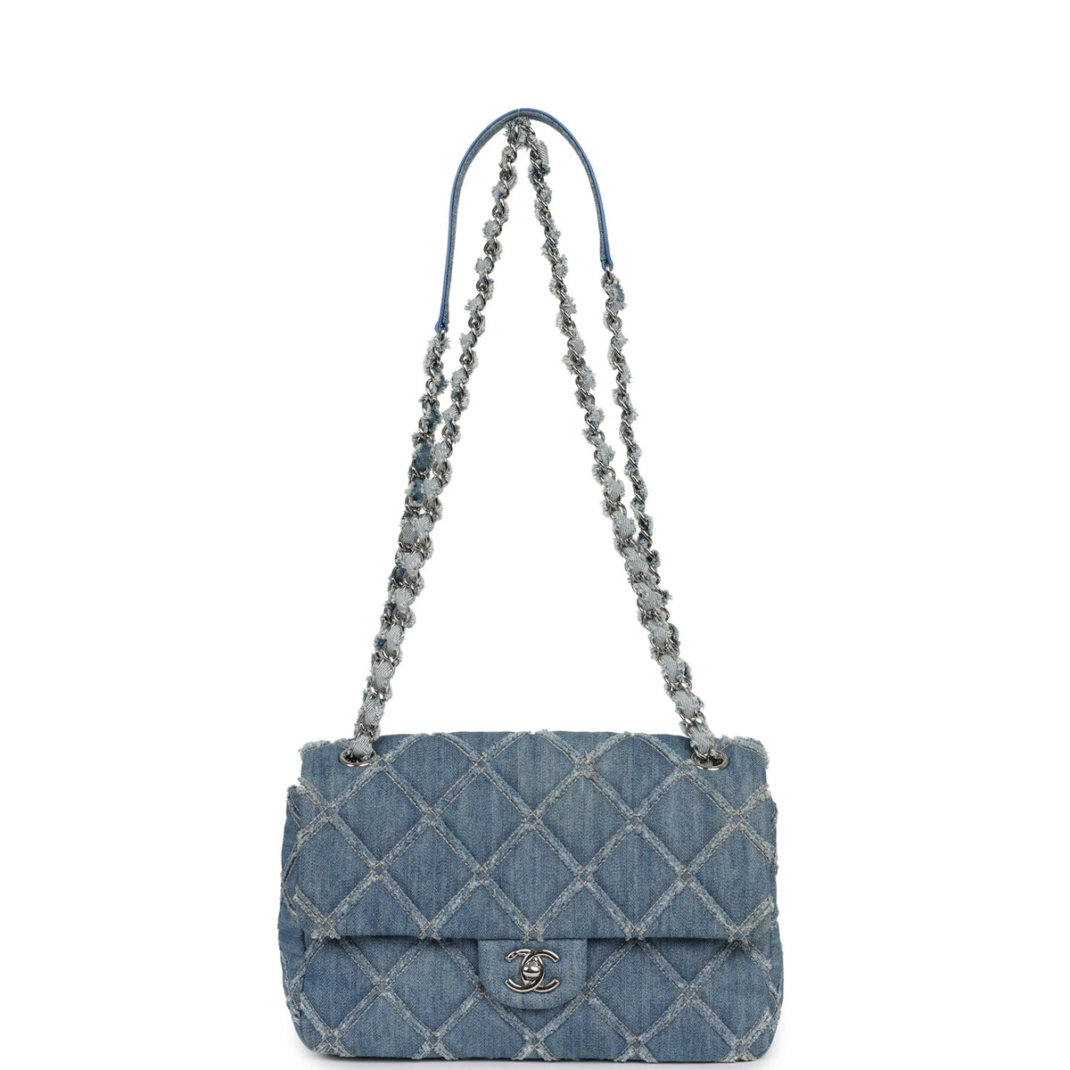 Pre-owned Chanel Medium Distressed Flap Bag Blue Denim Silver Hardware