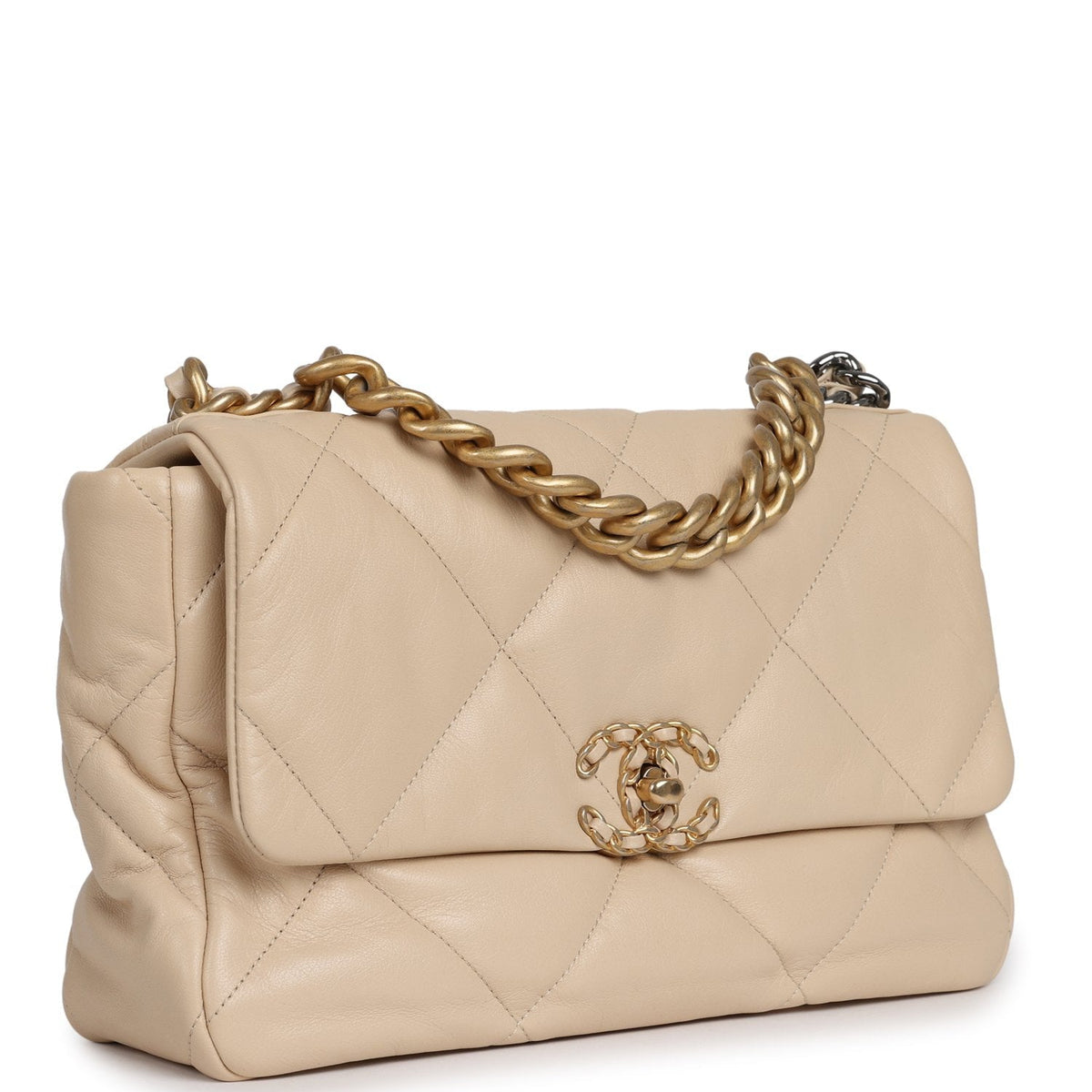 Pre-owned Chanel Large 19 Flap Bag Beige Shiny Lambskin Mixed Metal Hardware