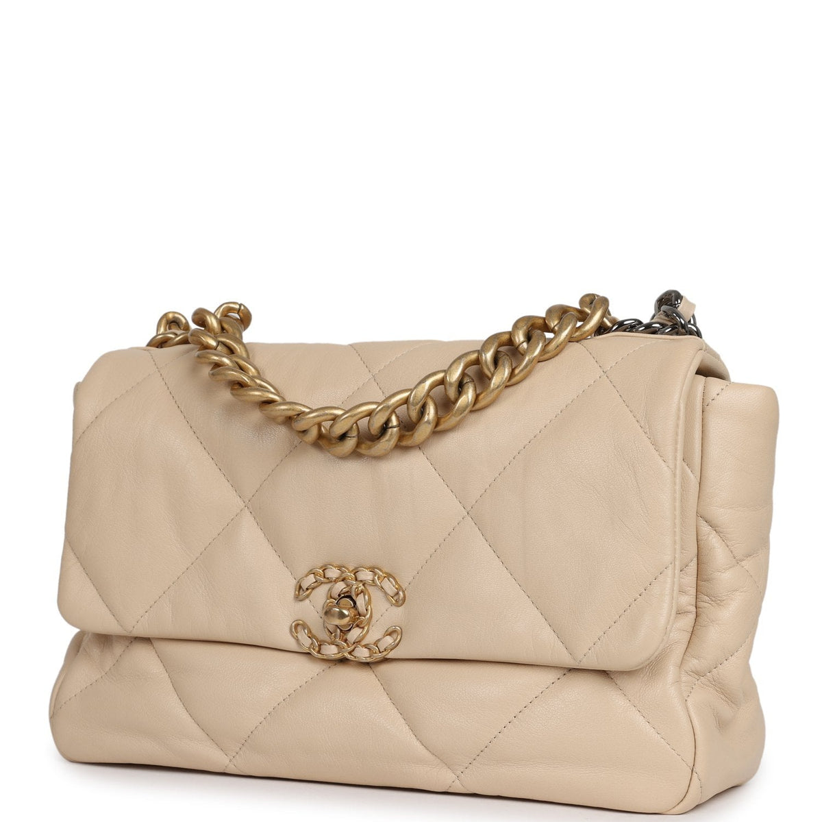 Pre-owned Chanel Large 19 Flap Bag Beige Shiny Lambskin Mixed Metal Hardware