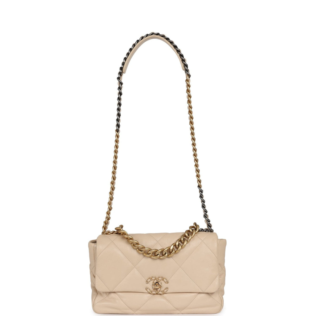 Pre-owned Chanel Large 19 Flap Bag Beige Shiny Lambskin Mixed Metal Hardware