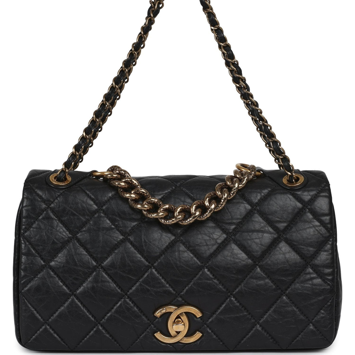 Pre-owned Chanel Medium "Paris-Bombay" Pondicherry Flap Bag Black Aged Calfskin Antique Gold Hardware