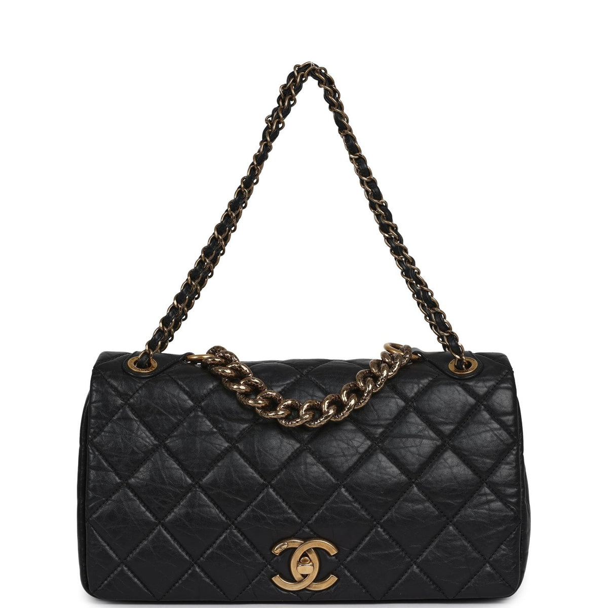 Pre-owned Chanel Medium "Paris-Bombay" Pondicherry Flap Bag Black Aged Calfskin Antique Gold Hardware