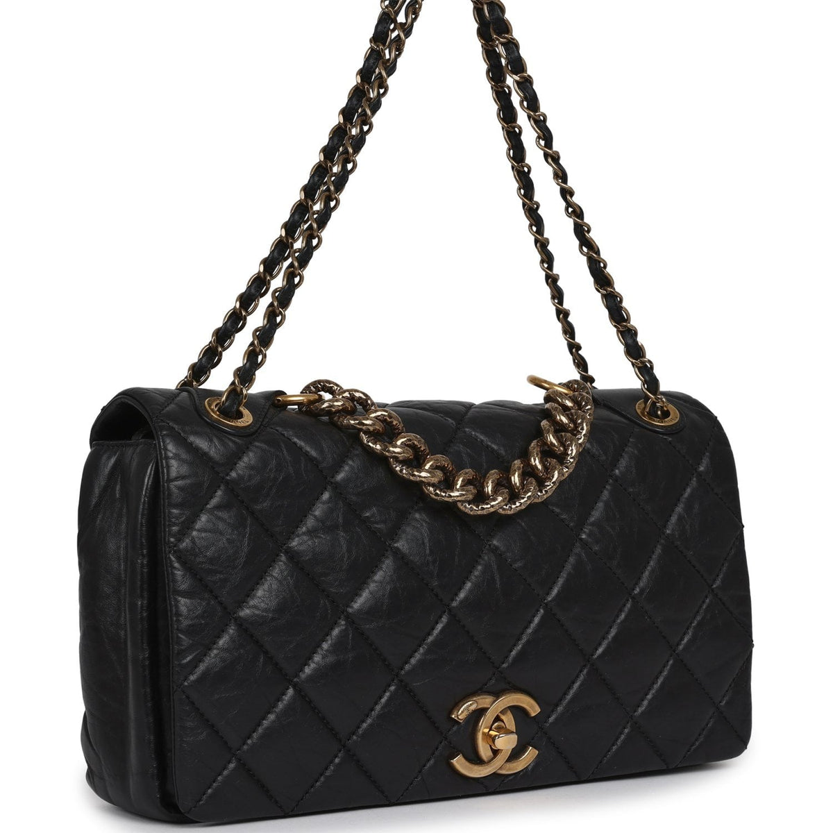 Pre-owned Chanel Medium "Paris-Bombay" Pondicherry Flap Bag Black Aged Calfskin Antique Gold Hardware