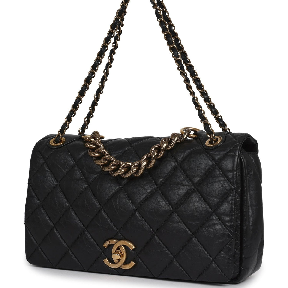 Pre-owned Chanel Medium "Paris-Bombay" Pondicherry Flap Bag Black Aged Calfskin Antique Gold Hardware