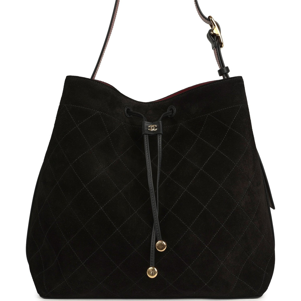 Chanel Large "CC Loop" Drawstring Bucket Bag with Leather Strap Black Suede Gold Hardware