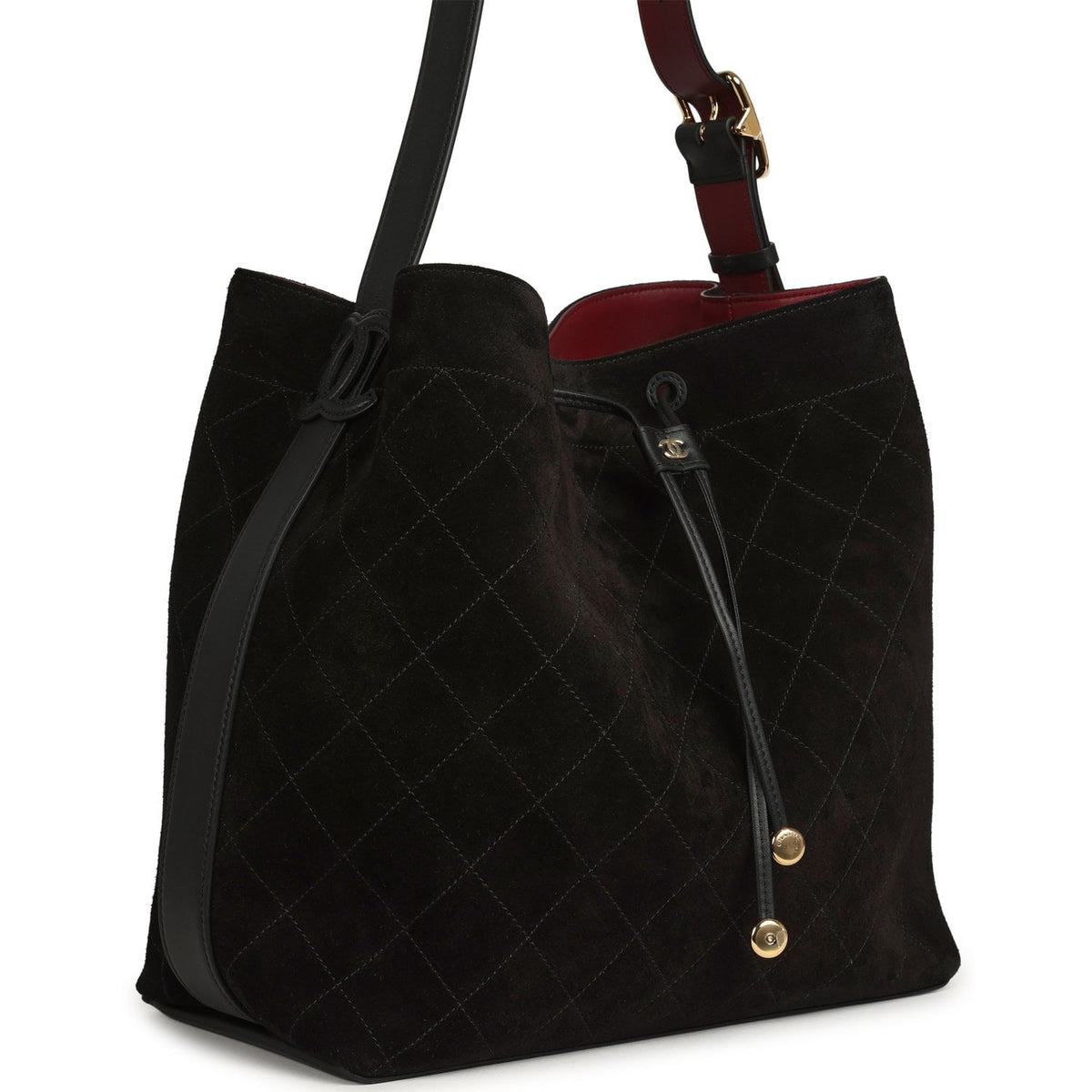 Chanel Large "CC Loop" Drawstring Bucket Bag with Leather Strap Black Suede Gold Hardware