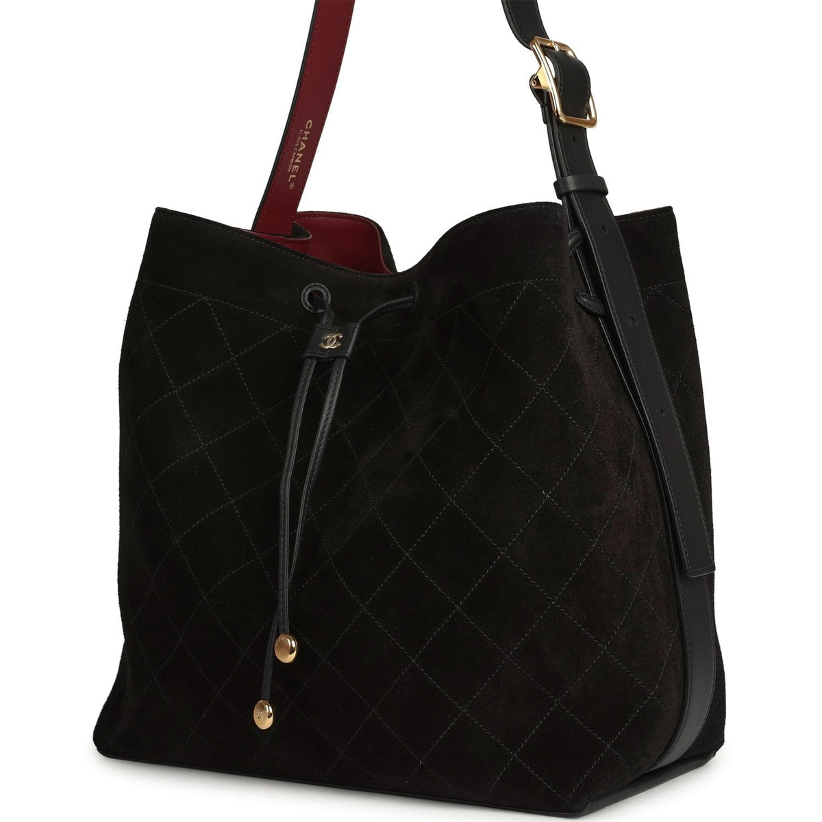 Chanel Large "CC Loop" Drawstring Bucket Bag with Leather Strap Black Suede Gold Hardware