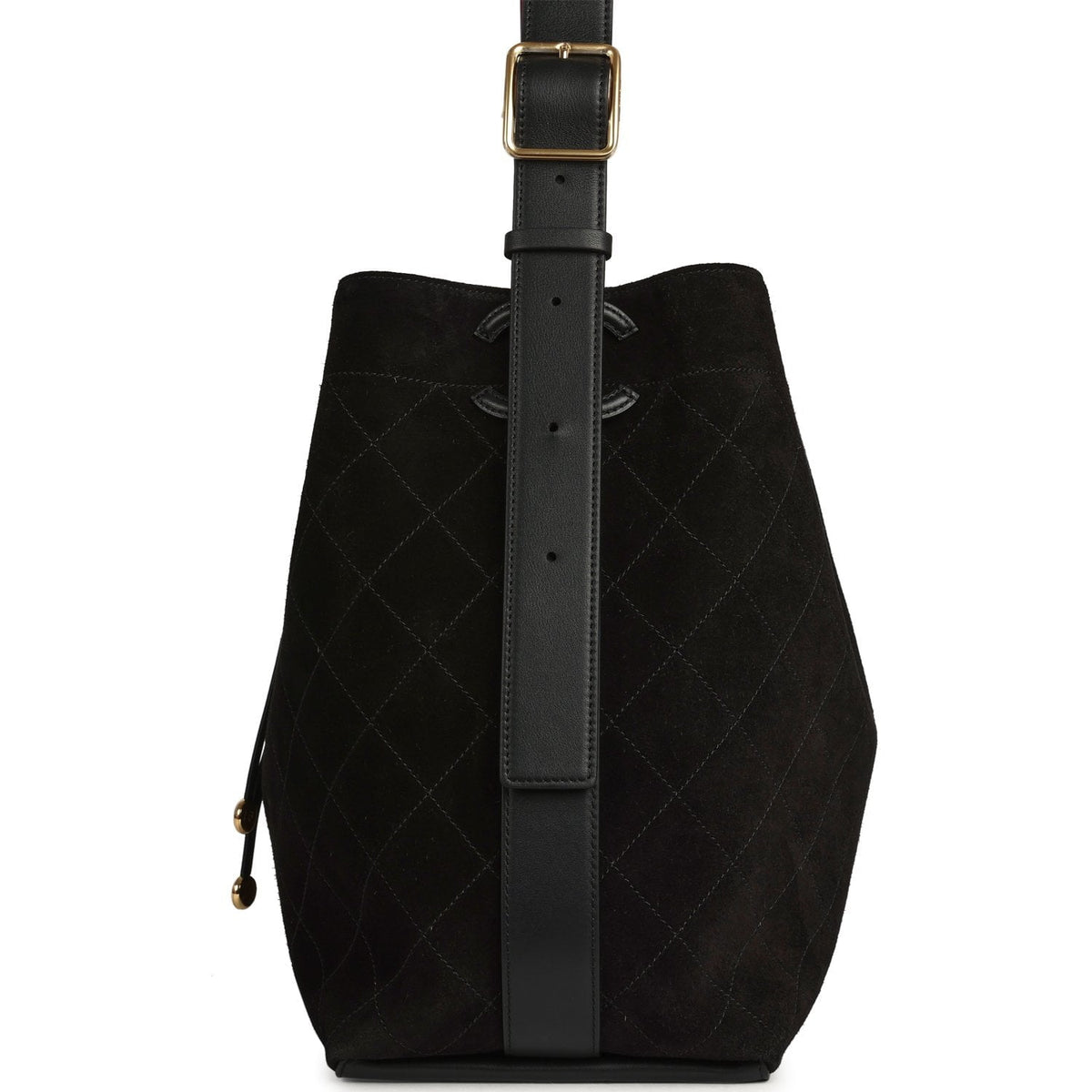 Chanel Large "CC Loop" Drawstring Bucket Bag with Leather Strap Black Suede Gold Hardware