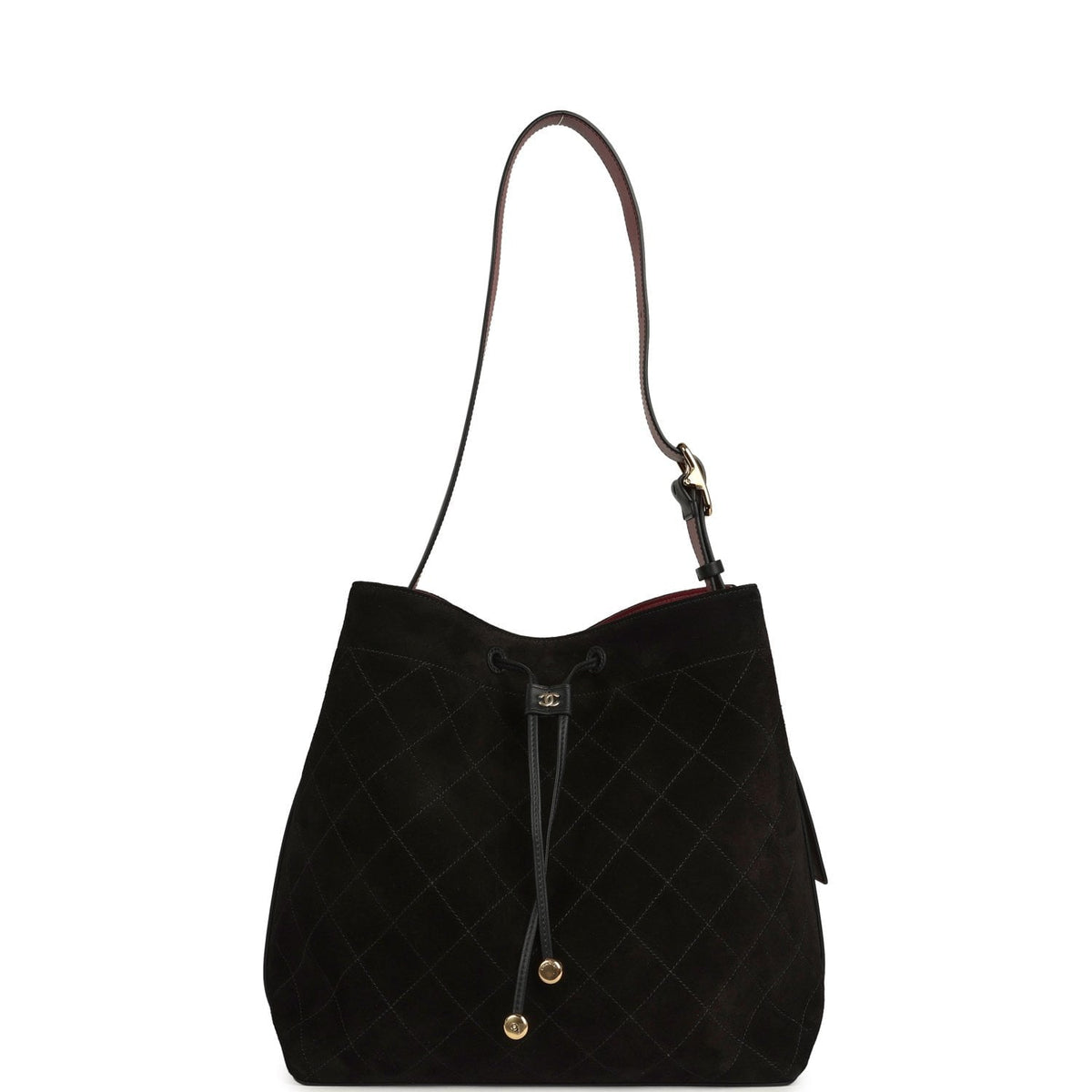 Chanel Large "CC Loop" Drawstring Bucket Bag with Leather Strap Black Suede Gold Hardware