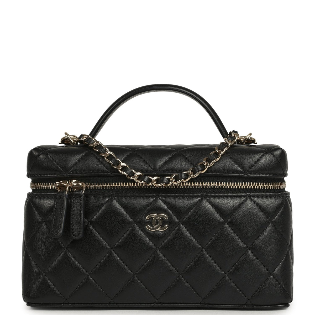 Chanel Top Handle Long Vanity Case with Chain Black Lambskin Light Gold Hardware