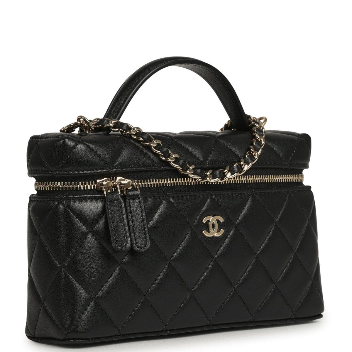 Chanel Top Handle Long Vanity Case with Chain Black Lambskin Light Gold Hardware
