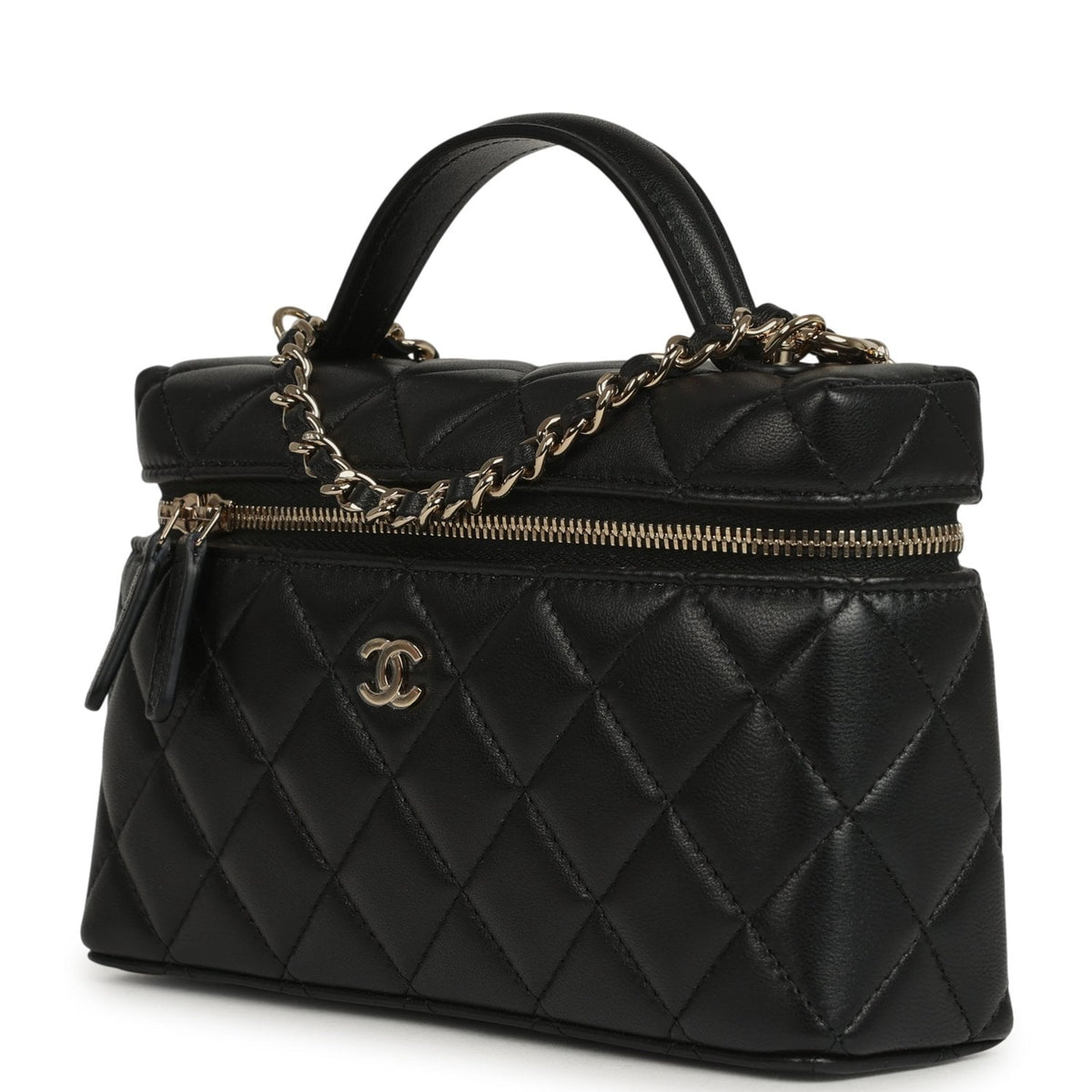 Chanel Top Handle Long Vanity Case with Chain Black Lambskin Light Gold Hardware