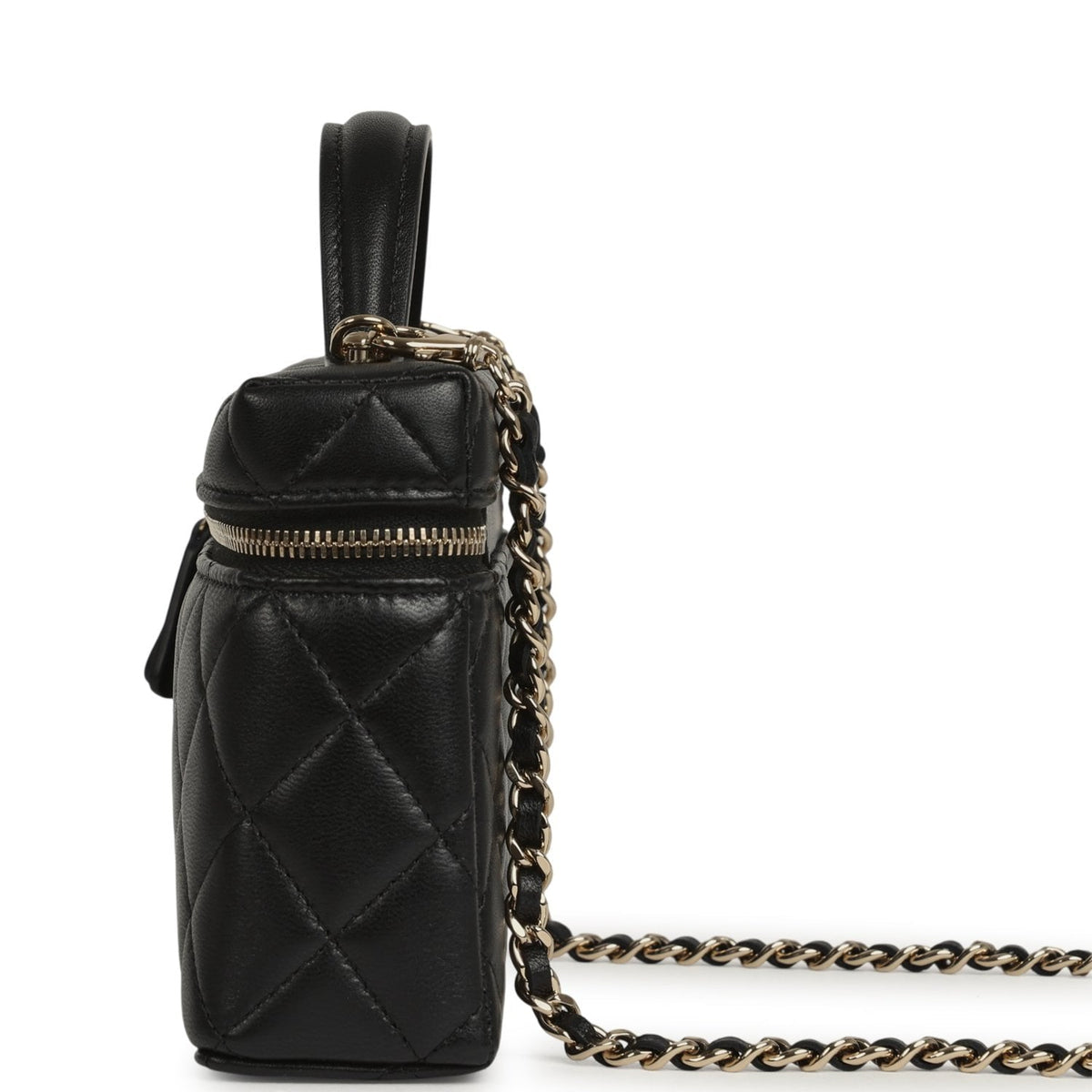Chanel Top Handle Long Vanity Case with Chain Black Lambskin Light Gold Hardware