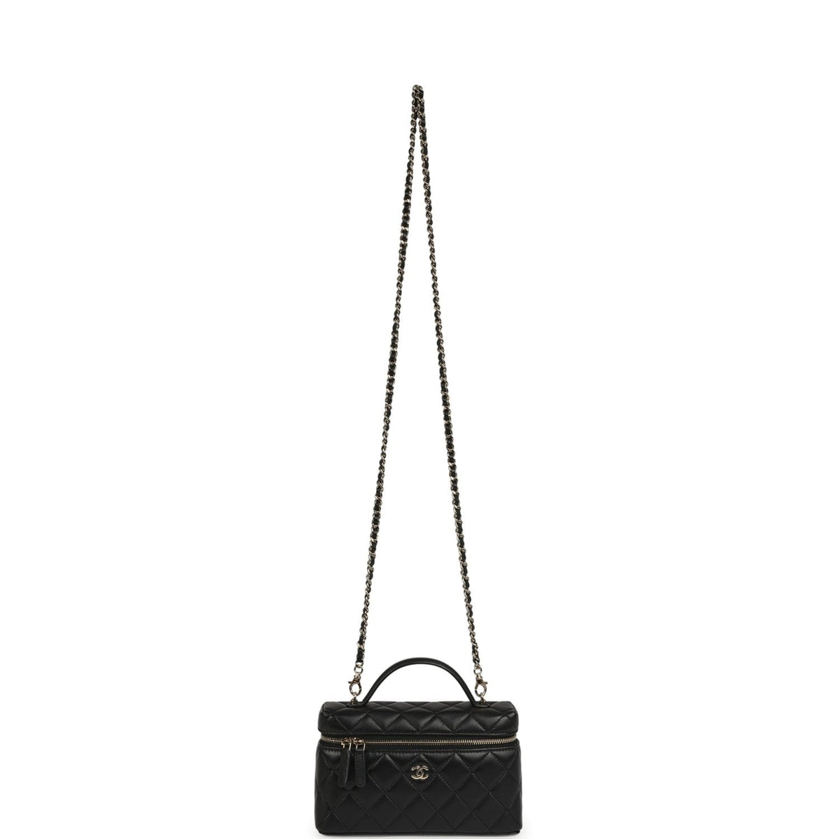 Chanel Top Handle Long Vanity Case with Chain Black Lambskin Light Gold Hardware