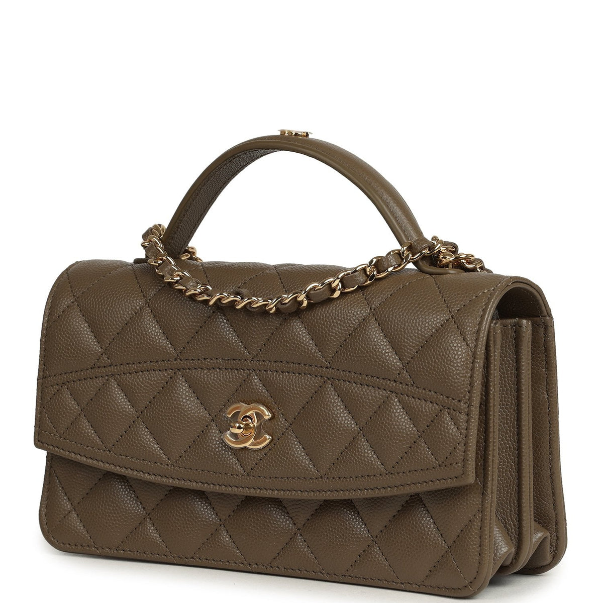 Chanel Trendy Top Handle Clutch with Chain Dark Khaki Caviar Gold Hardware