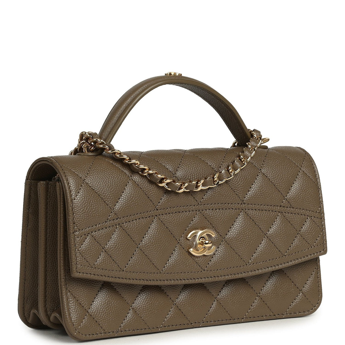 Chanel Trendy Top Handle Clutch with Chain Dark Khaki Caviar Gold Hardware