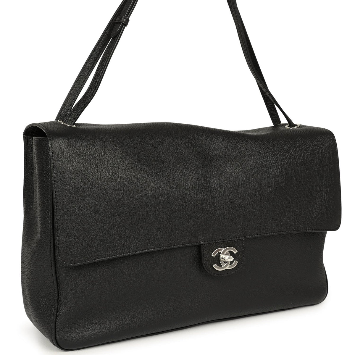 Chanel Maxi "Souplissimo" Large Flap Bag Black Grained Calfskin Silver Hardware