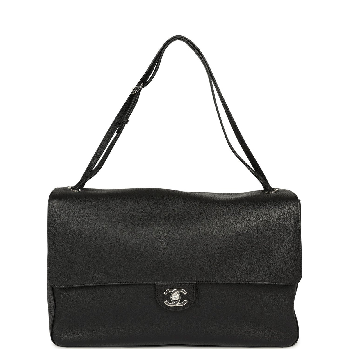 Chanel Maxi "Souplissimo" Large Flap Bag Black Grained Calfskin Silver Hardware