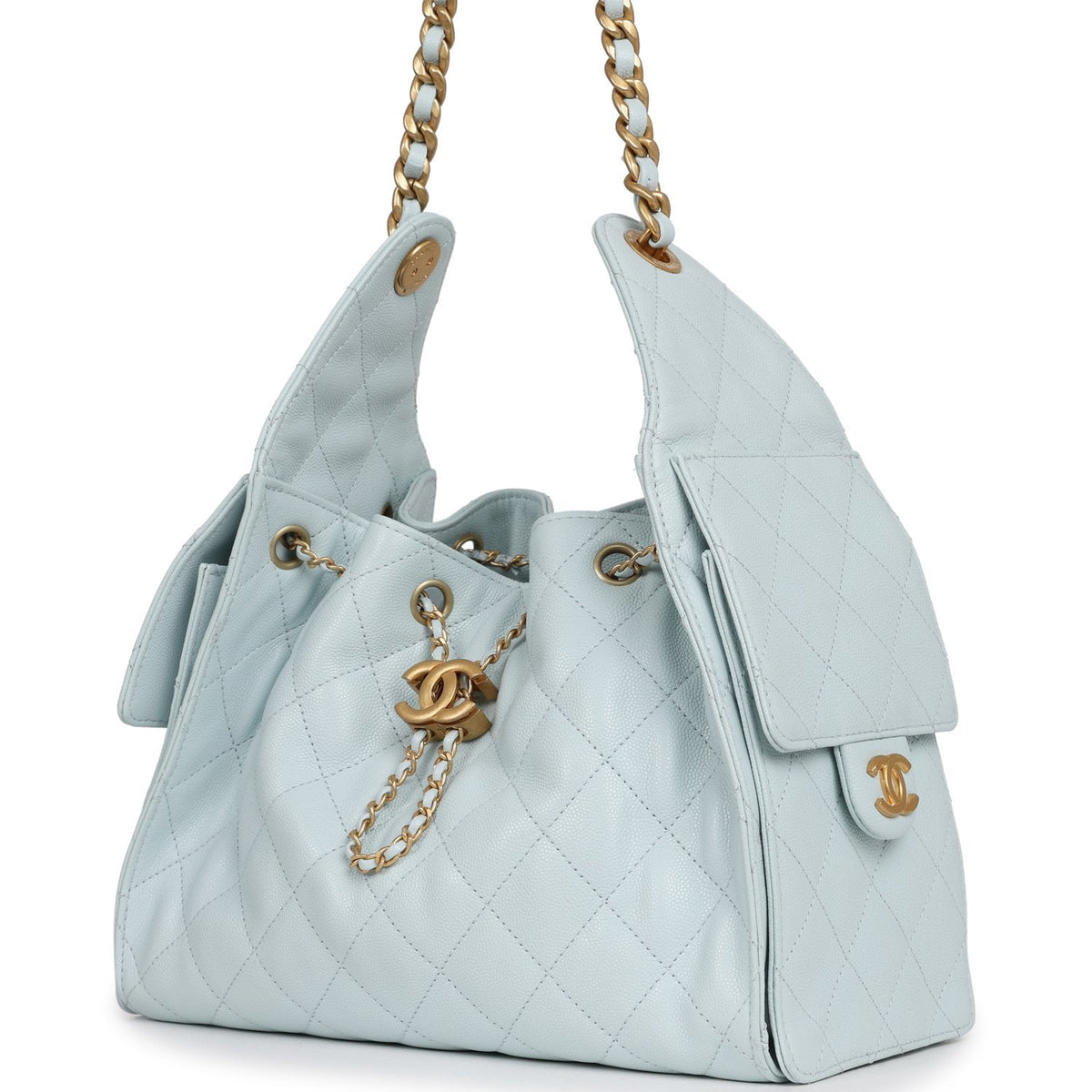 Pre-owned Chanel Small 25 Hobo Bag Light Blue Caviar Antique Gold Hardware