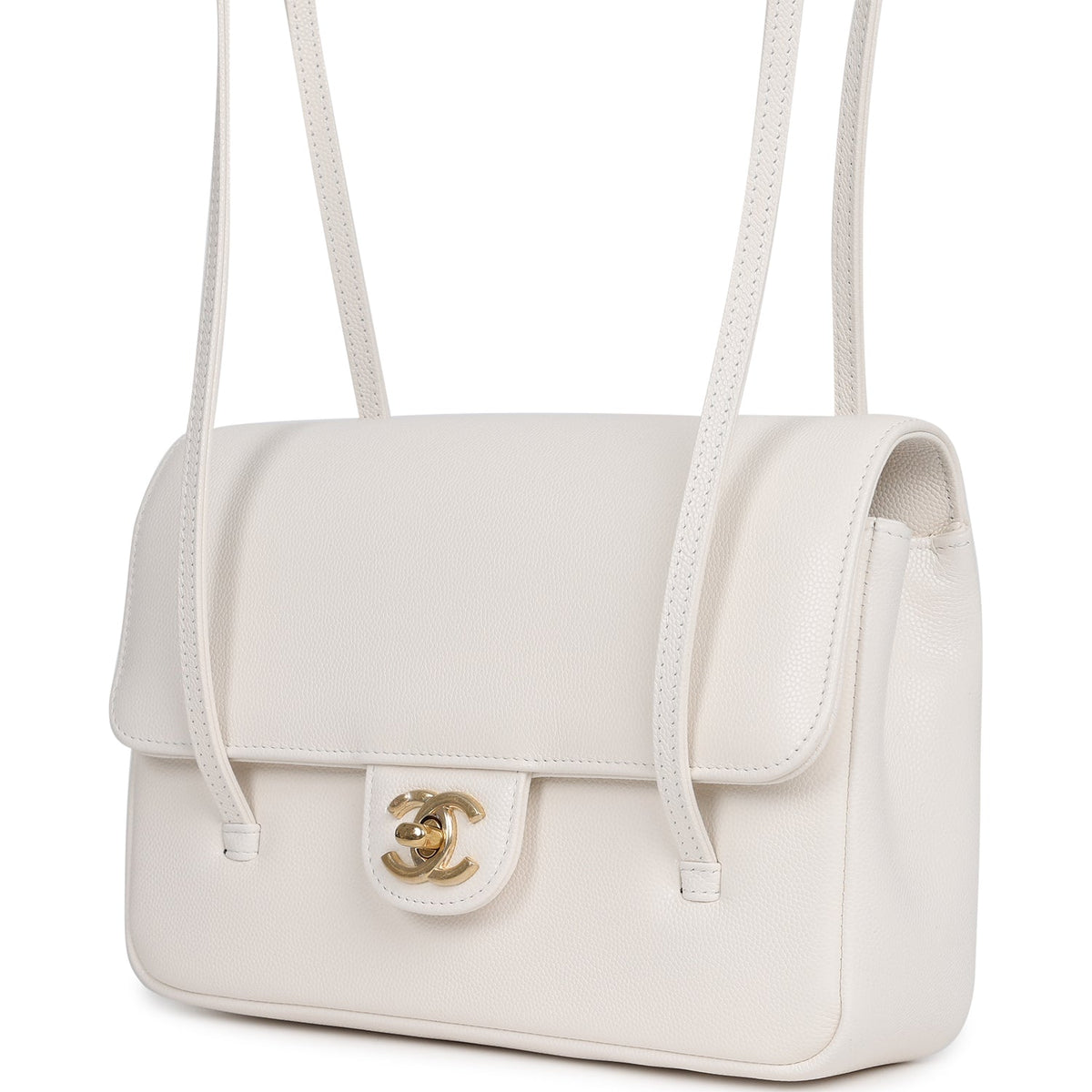 Chanel Small Preppy Coco Flap Bag White Shiny Caviar Brushed Gold Hardware