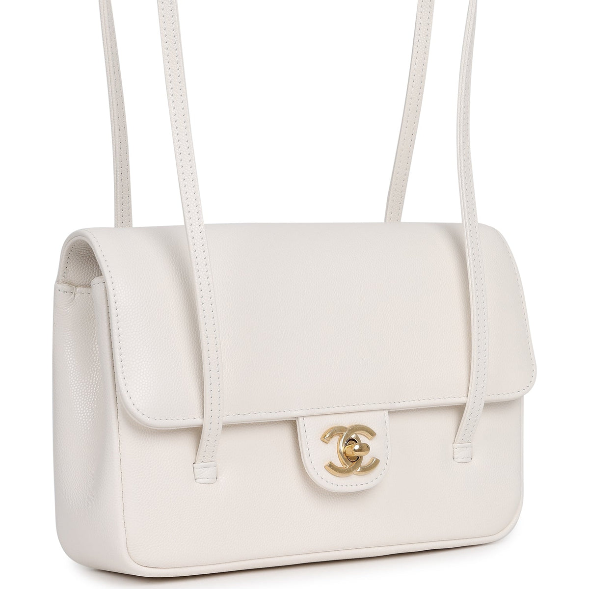 Chanel Small Preppy Coco Flap Bag White Shiny Caviar Brushed Gold Hardware