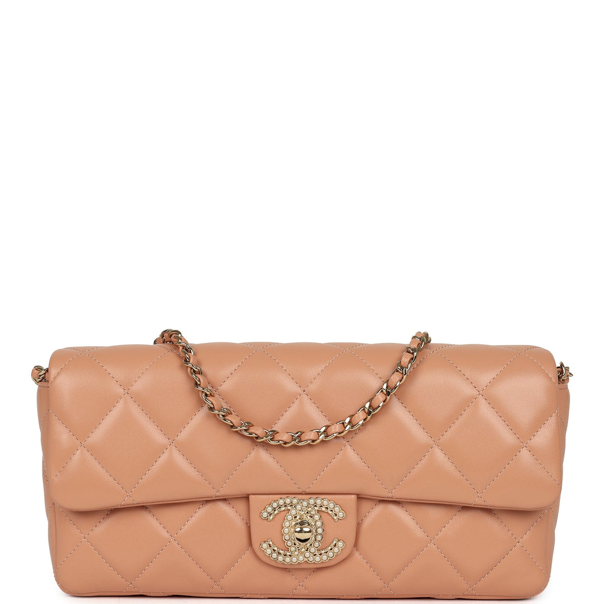 Chanel East West CC Pearl Clutch with Chain Beige Shiny Lambskin Gold Hardware