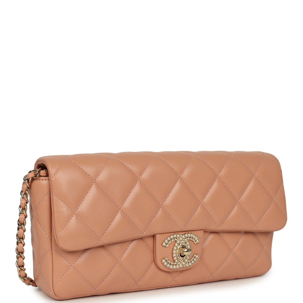 Chanel East West CC Pearl Clutch with Chain Beige Shiny Lambskin Gold Hardware