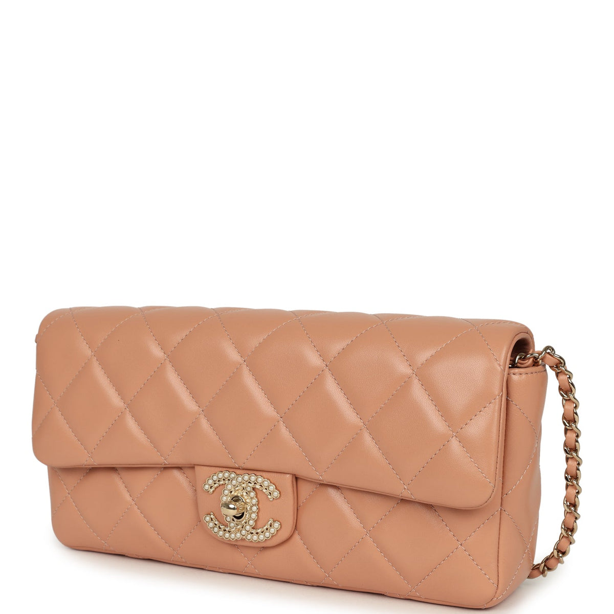 Chanel East West CC Pearl Clutch with Chain Beige Shiny Lambskin Gold Hardware