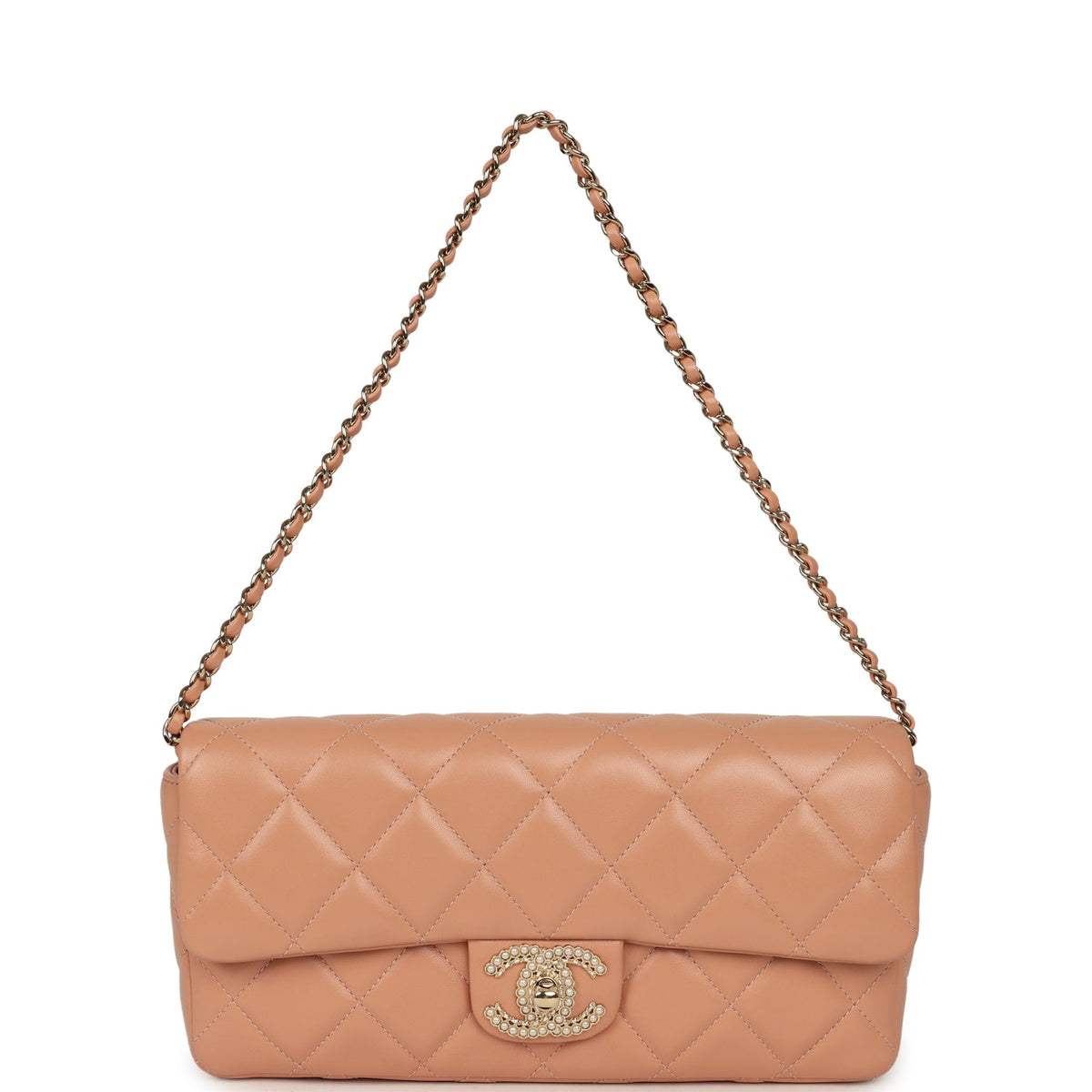 Chanel East West CC Pearl Clutch with Chain Beige Shiny Lambskin Gold Hardware