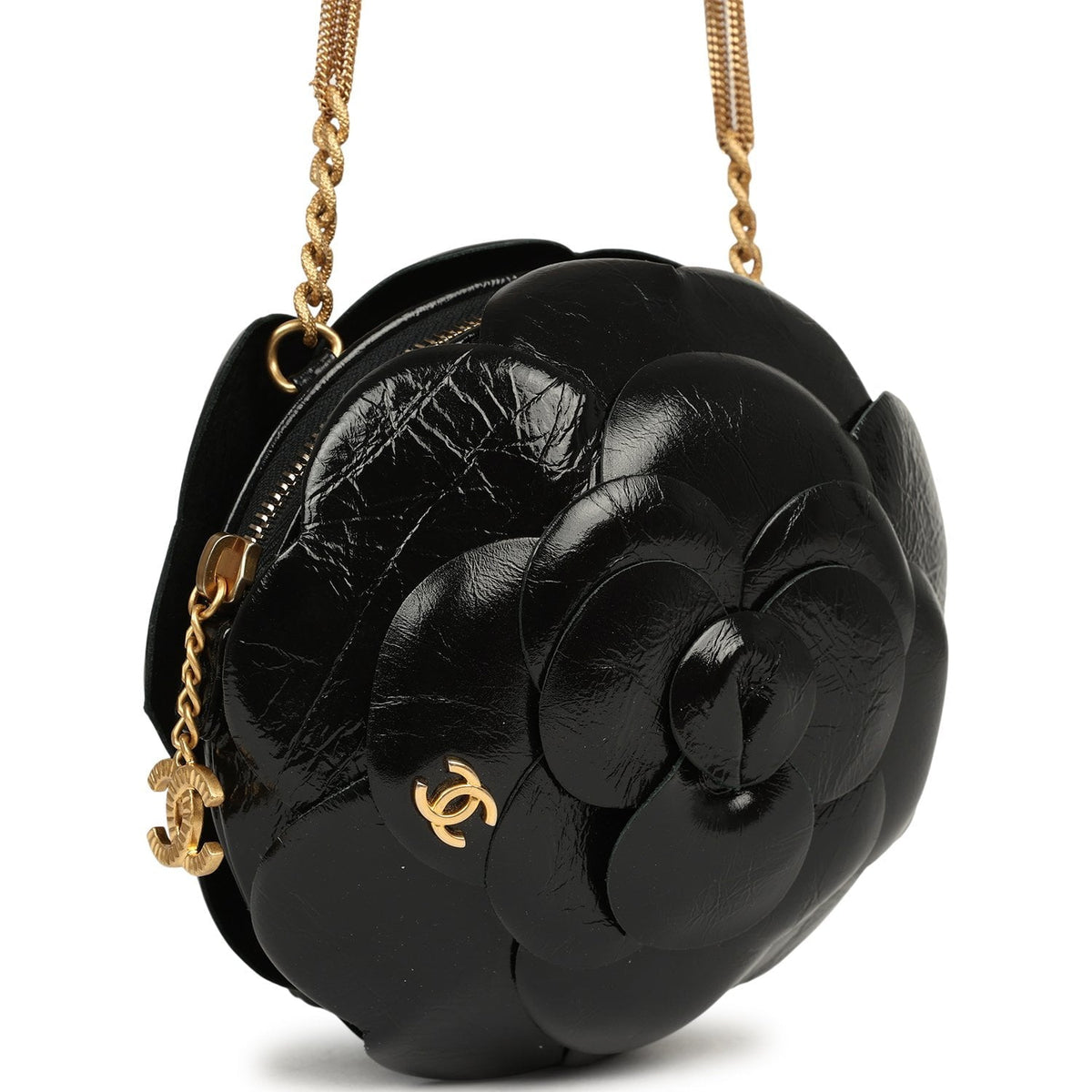 Chanel Camellia Round Clutch with Chain Black Patent Aged Calfskin Brushed Gold Hardware