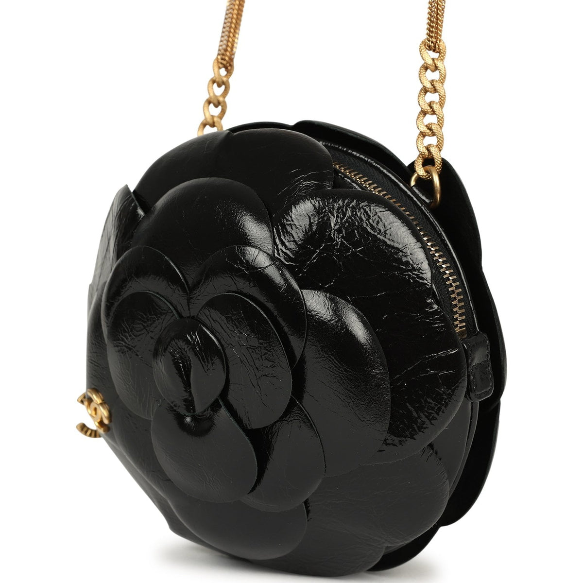 Chanel Camellia Round Clutch with Chain Black Patent Aged Calfskin Brushed Gold Hardware