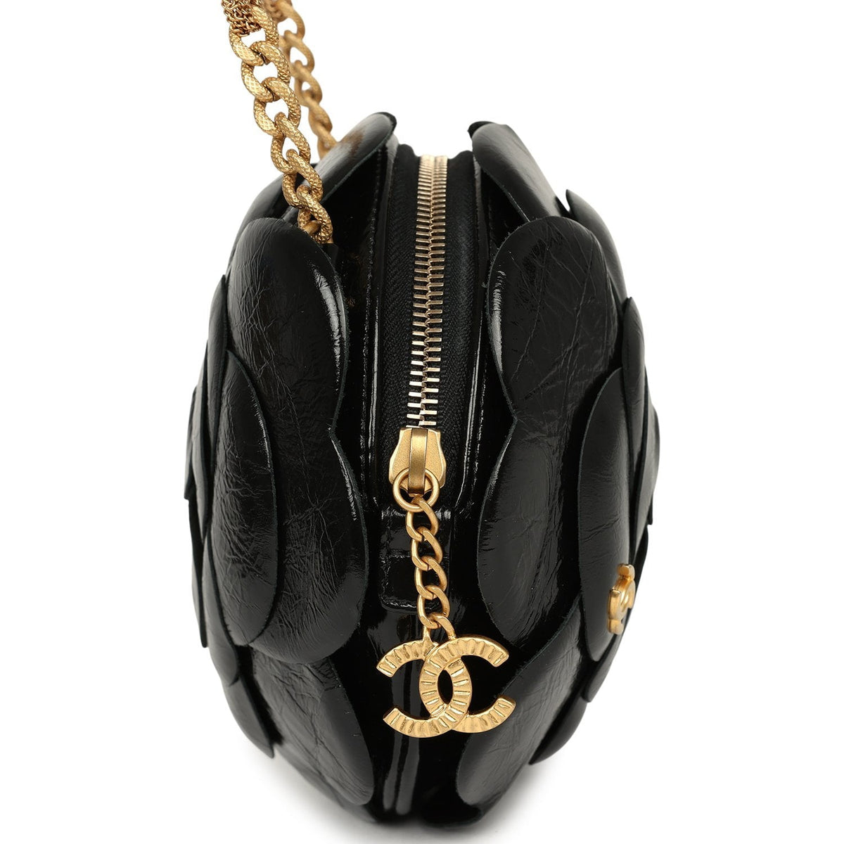 Chanel Camellia Round Clutch with Chain Black Patent Aged Calfskin Brushed Gold Hardware