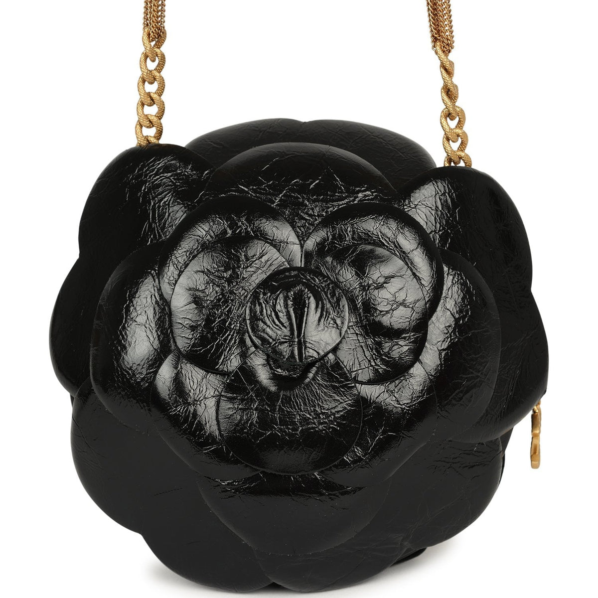 Chanel Camellia Round Clutch with Chain Black Patent Aged Calfskin Brushed Gold Hardware