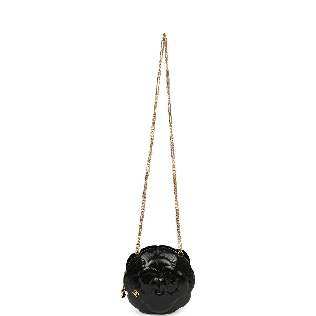 Chanel Camellia Round Clutch with Chain Black Patent Aged Calfskin Brushed Gold Hardware