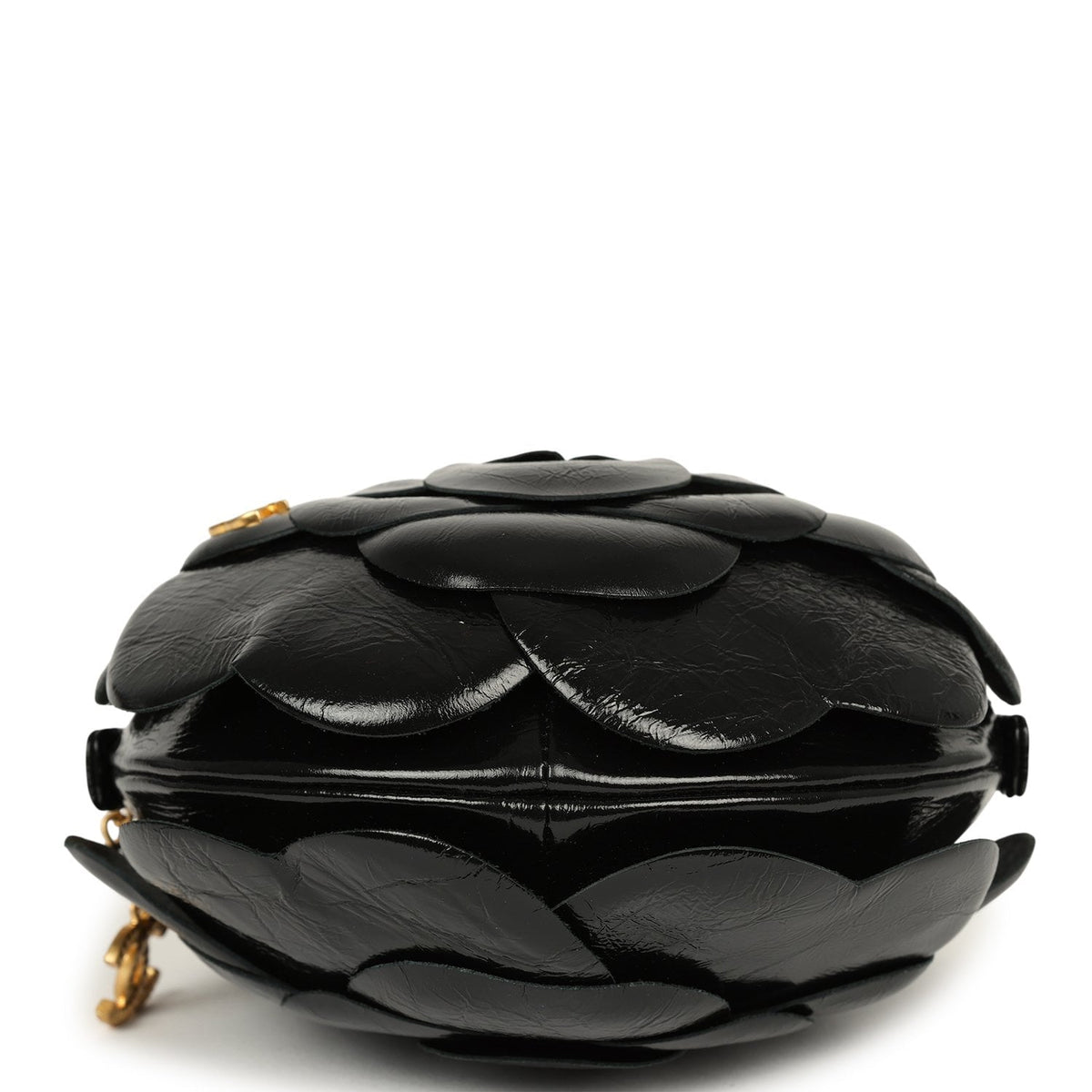 Chanel Camellia Round Clutch with Chain Black Patent Aged Calfskin Brushed Gold Hardware