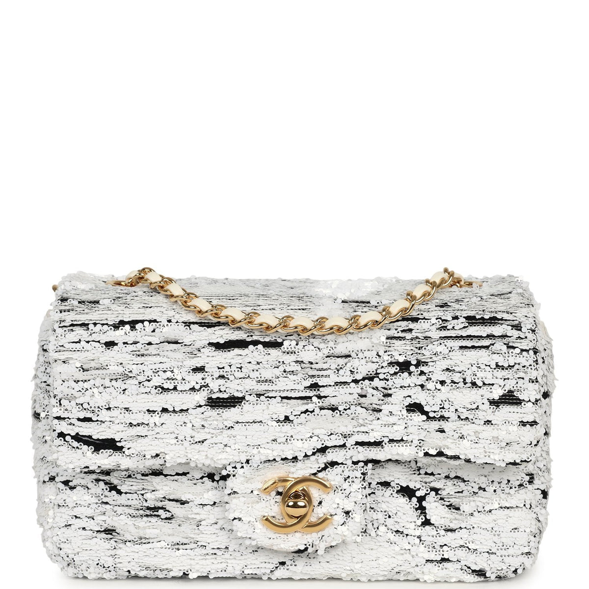 Chanel Mini Rectangular Flap Bag White, Black Sequins Gold Hardware