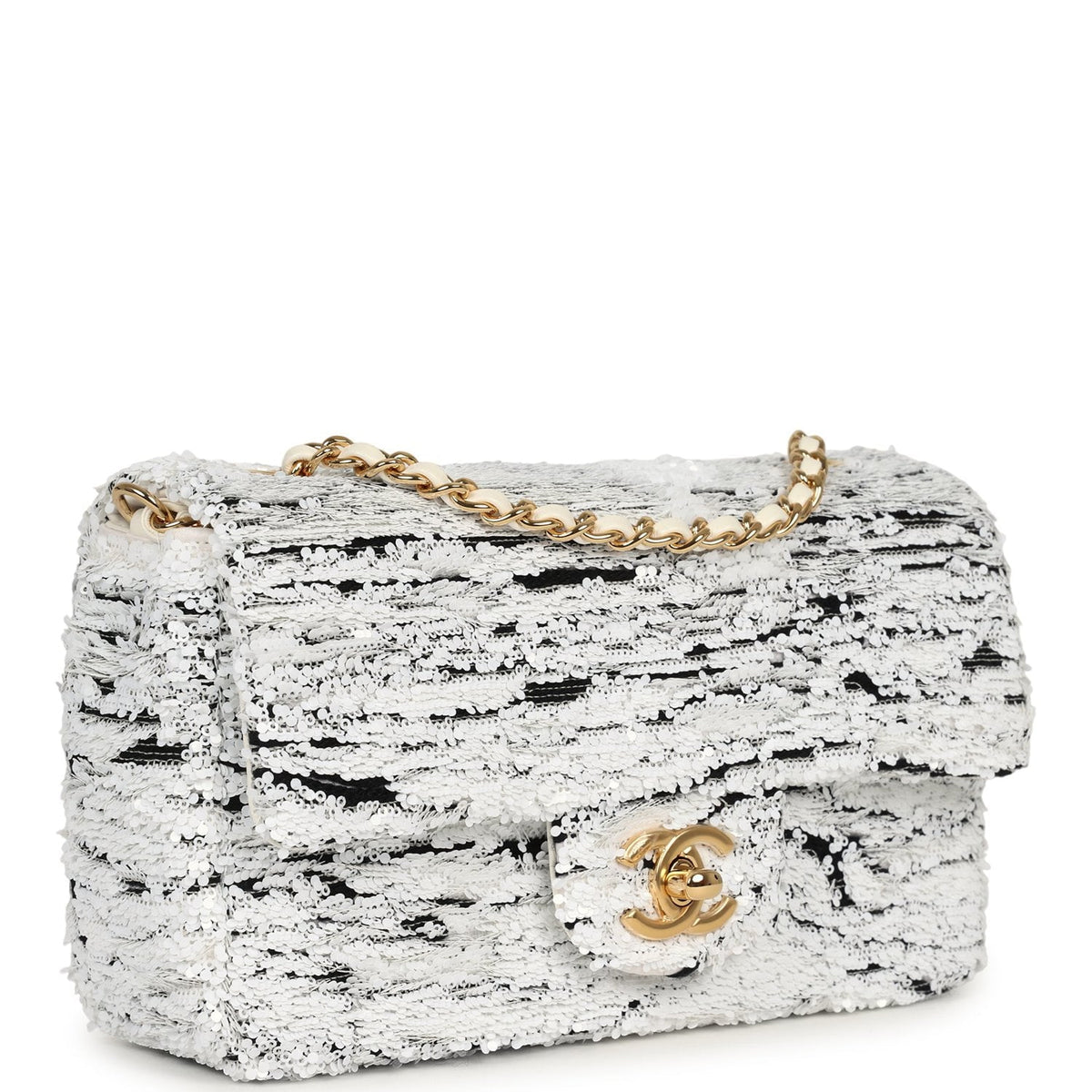 Chanel Mini Rectangular Flap Bag White, Black Sequins Gold Hardware