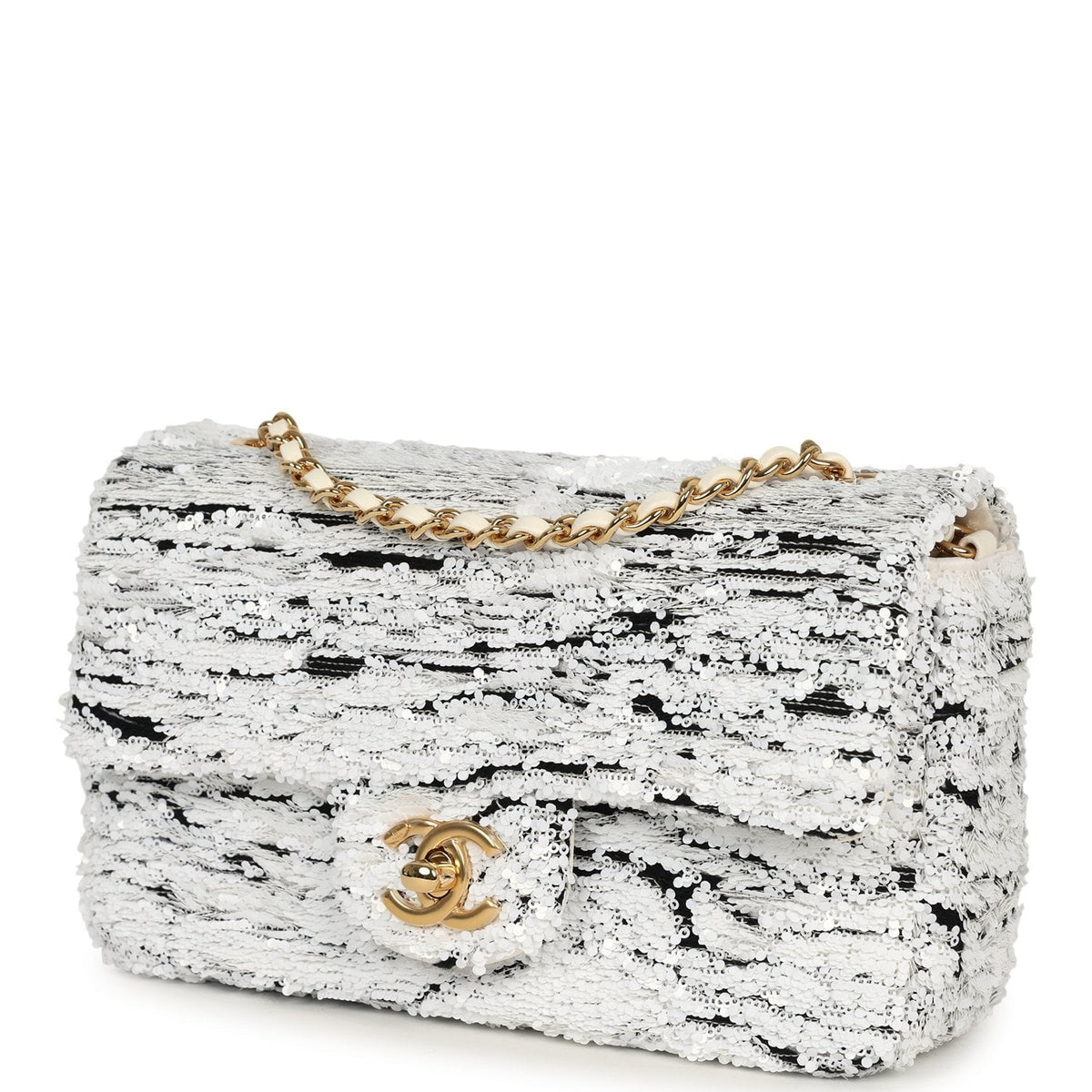 Chanel Mini Rectangular Flap Bag White, Black Sequins Gold Hardware