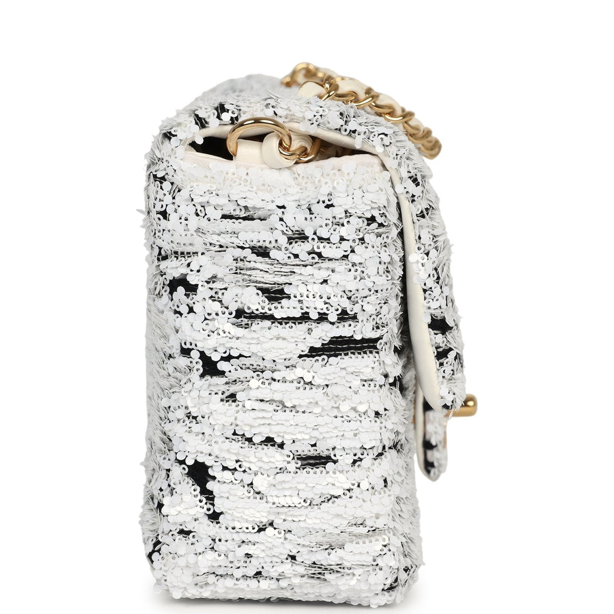 Chanel Mini Rectangular Flap Bag White, Black Sequins Gold Hardware