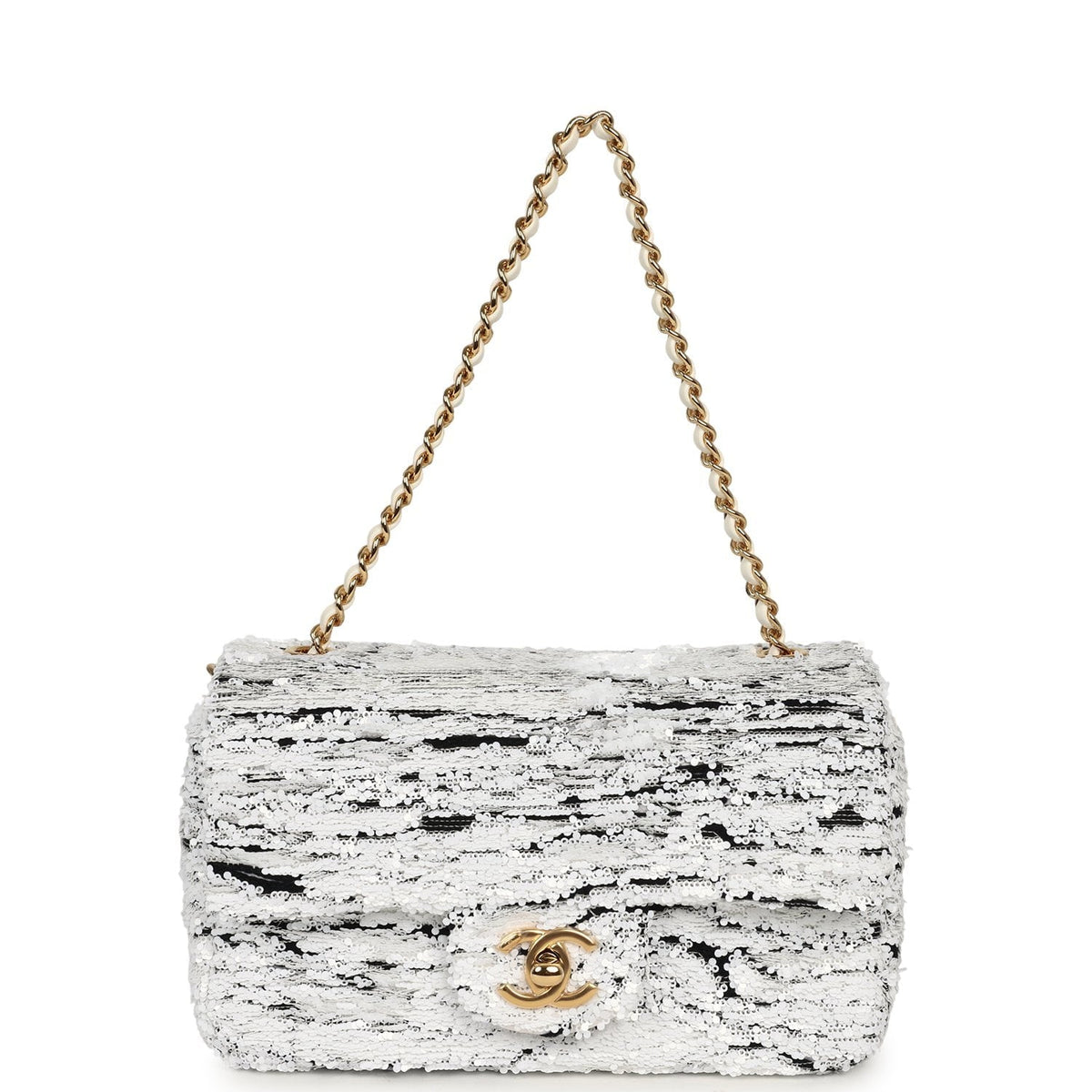Chanel Mini Rectangular Flap Bag White, Black Sequins Gold Hardware