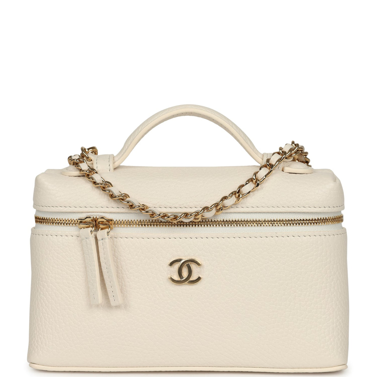 Chanel "Supple" Top Handle Long Vanity Case with Chain White Grained Calfskin Gold Hardware