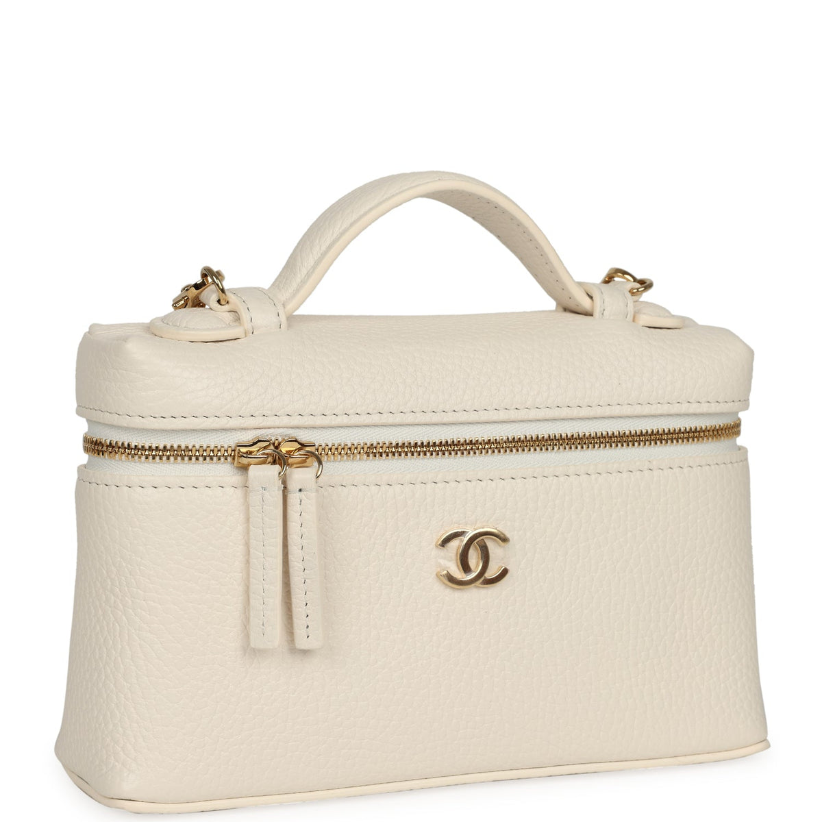 Chanel "Supple" Top Handle Long Vanity Case with Chain White Grained Calfskin Gold Hardware