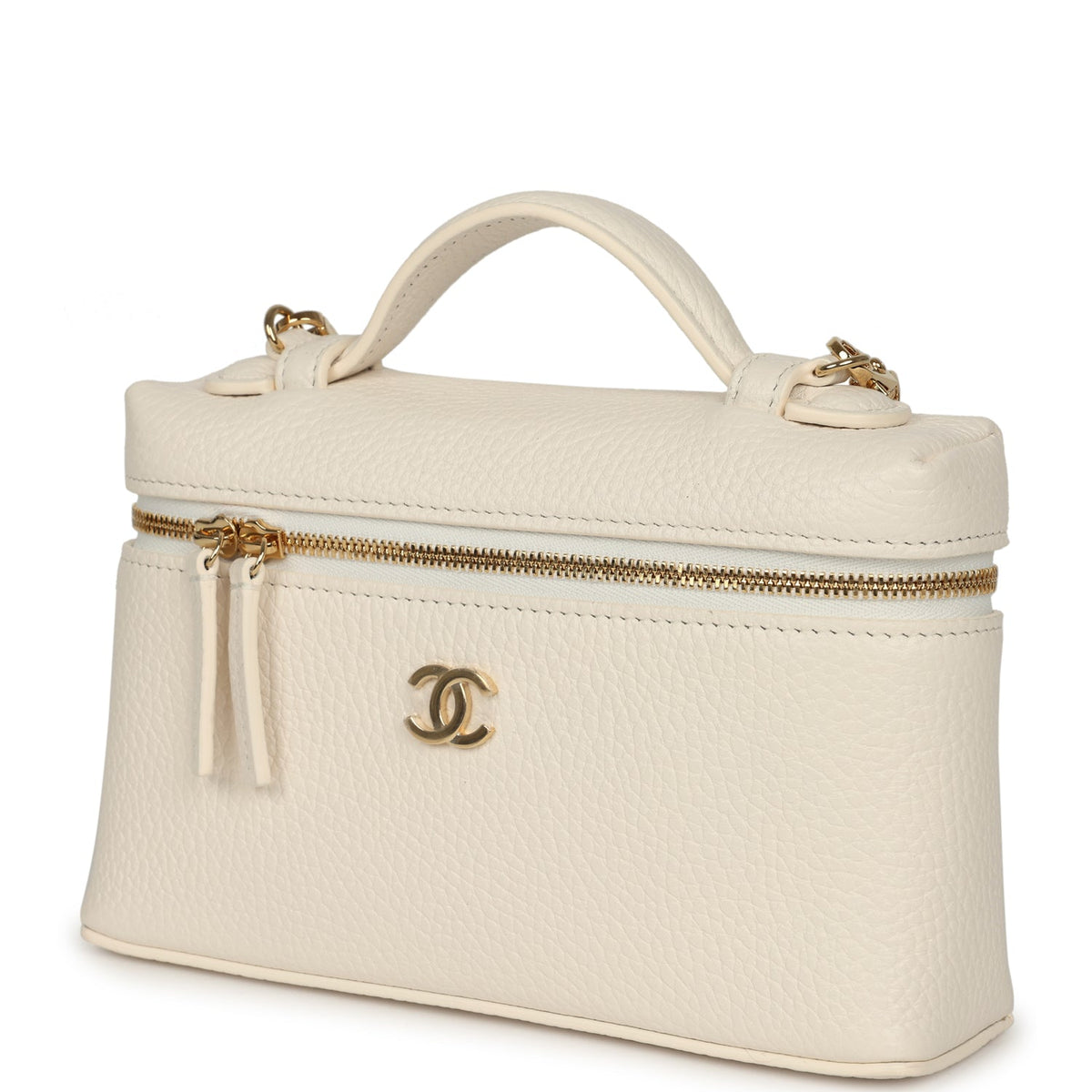 Chanel "Supple" Top Handle Long Vanity Case with Chain White Grained Calfskin Gold Hardware