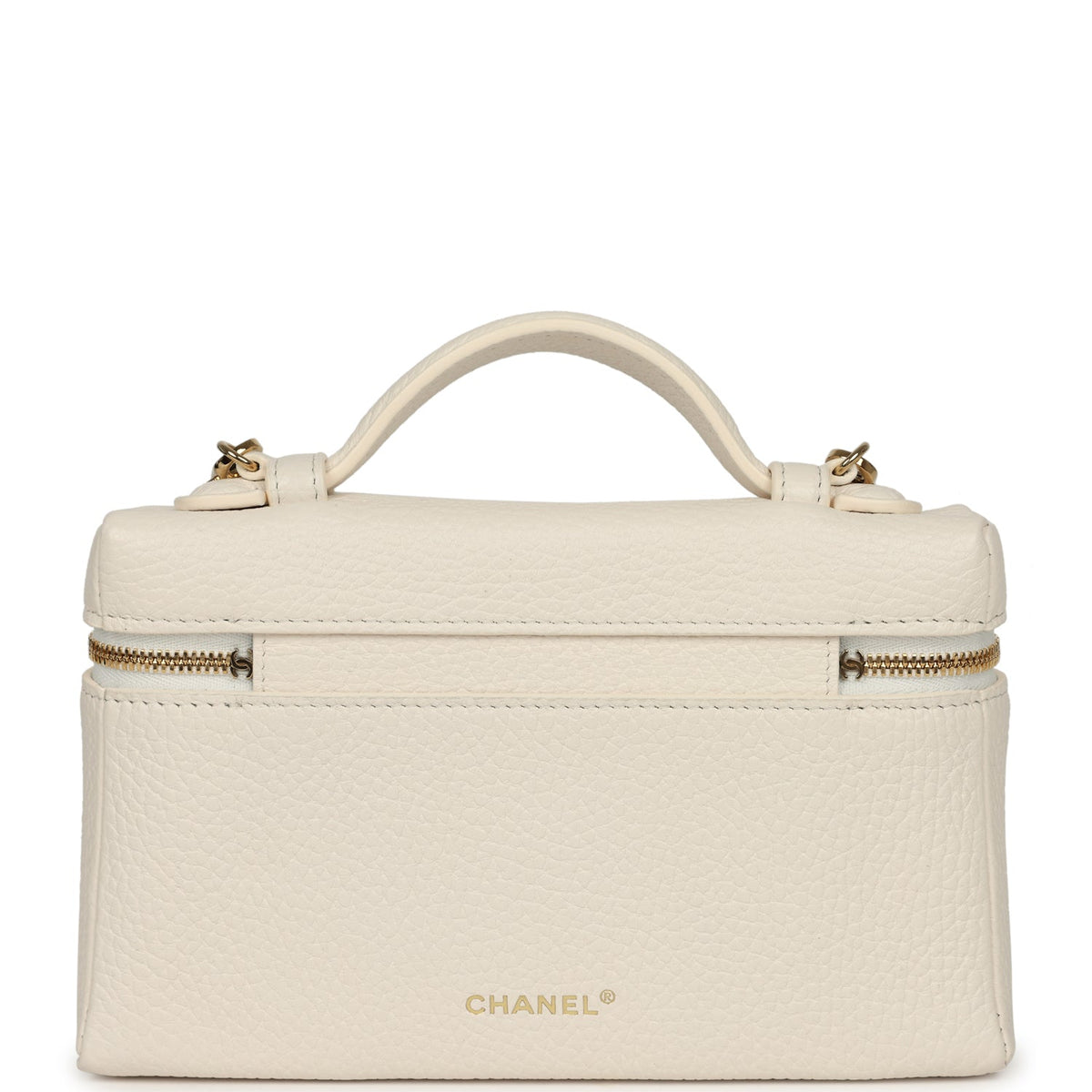 Chanel "Supple" Top Handle Long Vanity Case with Chain White Grained Calfskin Gold Hardware