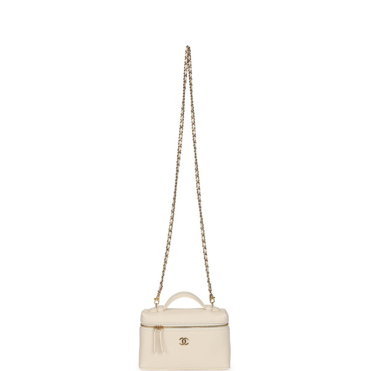 Chanel "Supple" Top Handle Long Vanity Case with Chain White Grained Calfskin Gold Hardware