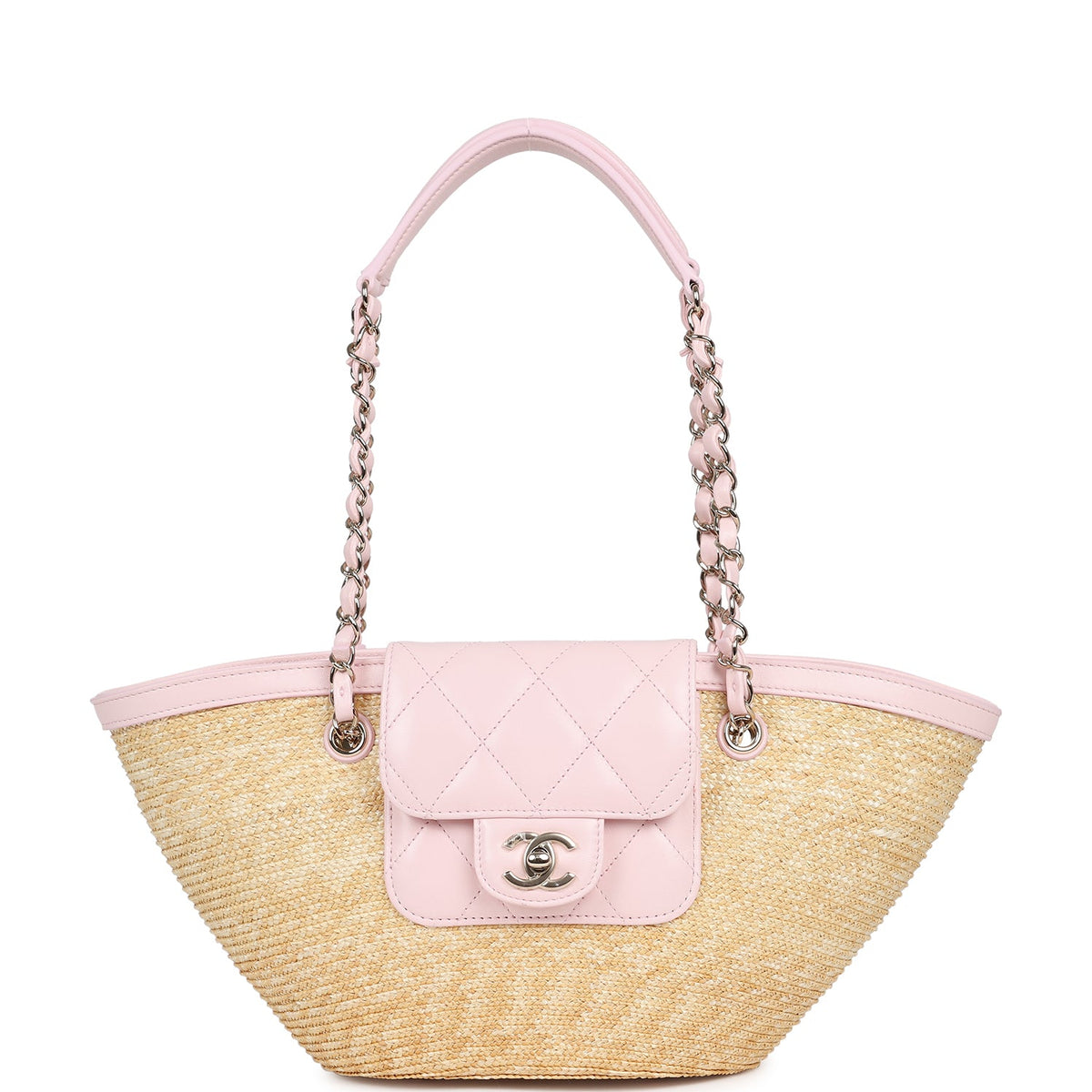 Chanel Small Shopping Tote Bag Beige Raffia and Light Pink Lambskin Light Gold Hardware