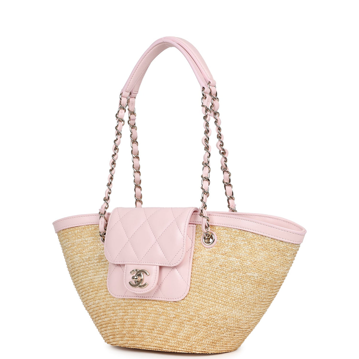 Chanel Small Shopping Tote Bag Beige Raffia and Light Pink Lambskin Light Gold Hardware