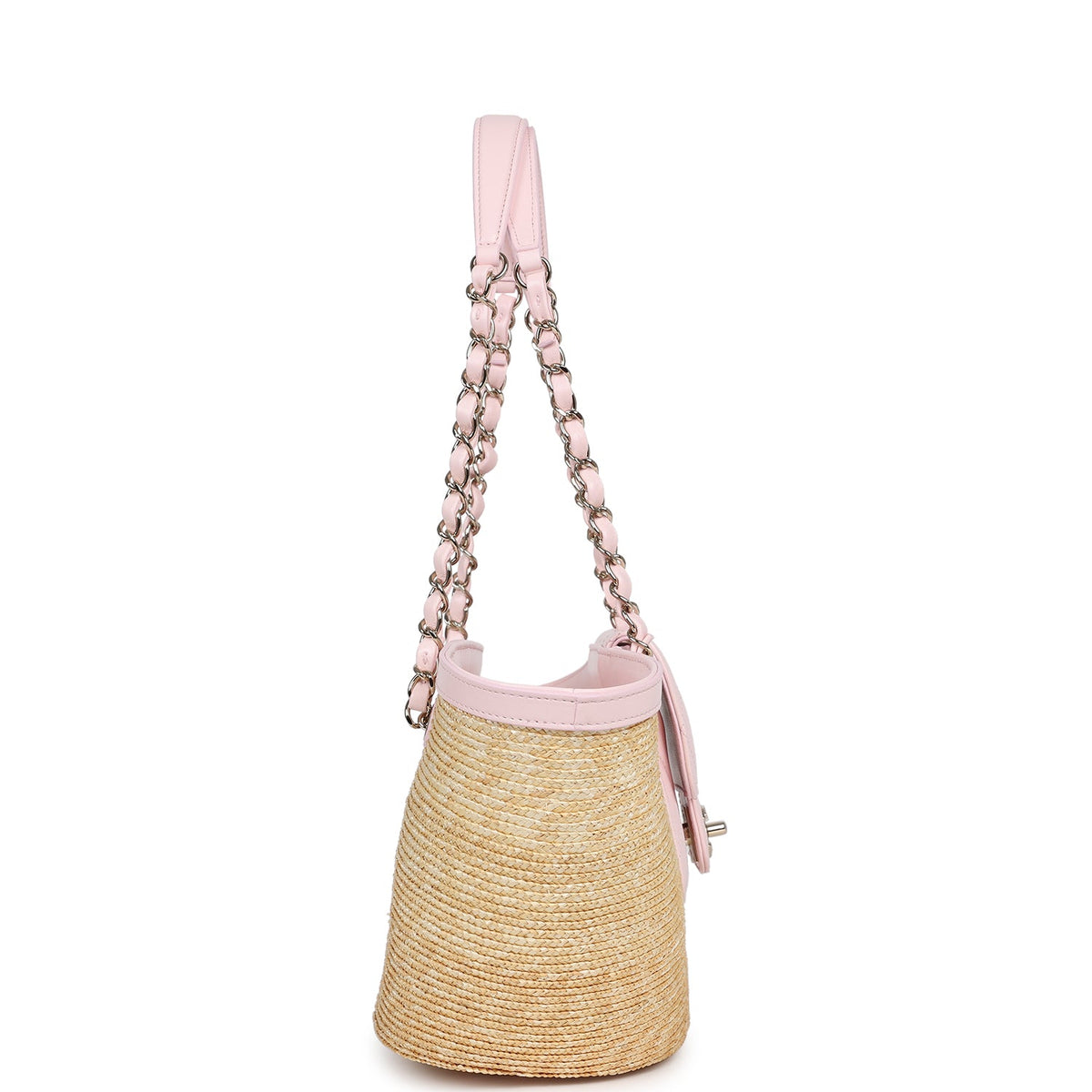 Chanel Small Shopping Tote Bag Beige Raffia and Light Pink Lambskin Light Gold Hardware