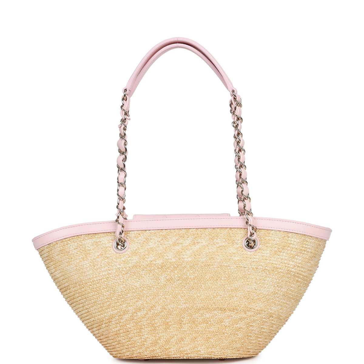 Chanel Small Shopping Tote Bag Beige Raffia and Light Pink Lambskin Light Gold Hardware