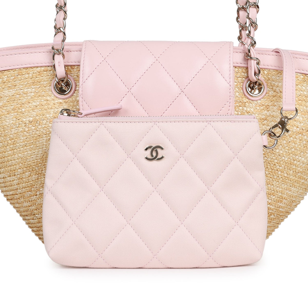 Chanel Small Shopping Tote Bag Beige Raffia and Light Pink Lambskin Light Gold Hardware